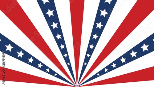 Patriotic starburst animation. Red, white and blue radial rays with white stars expanding from the bottom center. Motion graphic video for Independence Day, patriotic celebration, banner and poster.