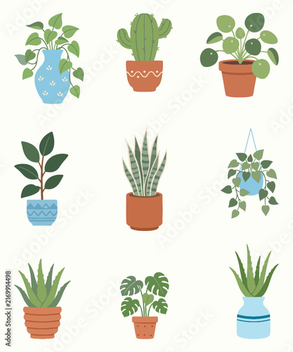 Cute Hand Drawn Potted Houseplants Vector Illustration Set