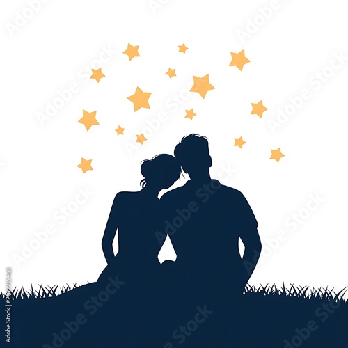 Silhouette of a romantic couple sitting on a grassy hill under a starry night sky