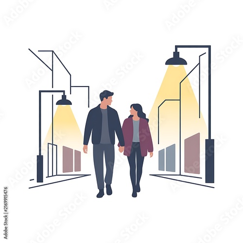 Couple walking hand in hand on a city street at night