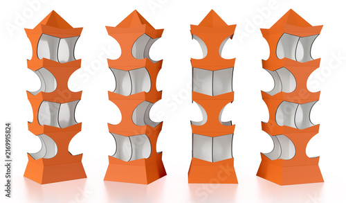 Orange pagoda style cardboard retail display stand. 3d illustration set on white background