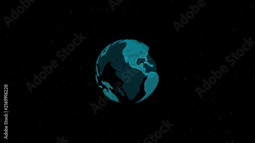 Digital Earth rotation animation. Futuristic glowing blue planet with dotted world map and particles on black space background. Motion graphic video for technology, global network, communication