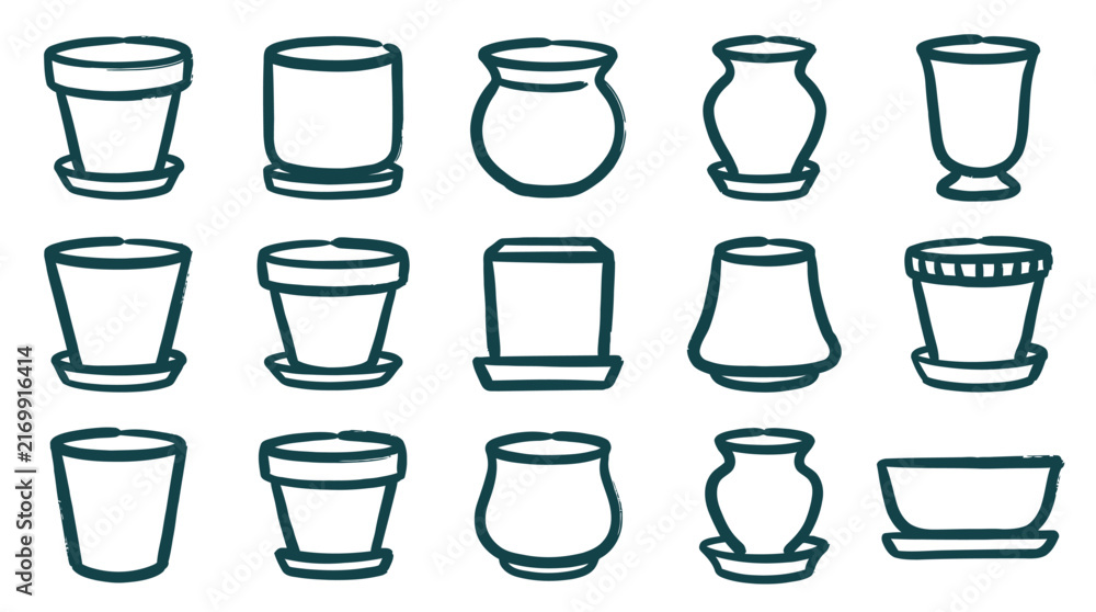 Fototapeta premium Flower pots of various styles and materials are displayed for gardening and botanical interior decoration planning.