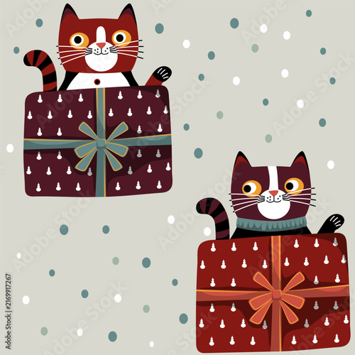 Seamless Christmas pattern featuring funny ginger cats, gift boxes, ribbons and snowflakes on a gray background for festive winter decor