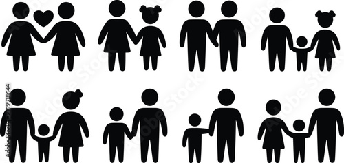 Set of black silhouette depicting various family and relationship configurations, including parents, children, and couples, isolated on a white background, for use