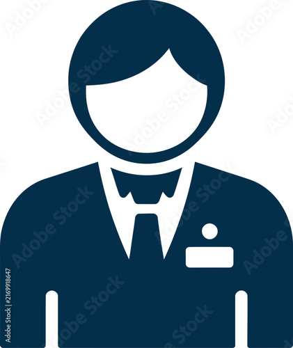 Dark blue silhouette of a person with a name tag and formal clothing, representing a service worker, staff member, or employee, isolated on a white background, for use