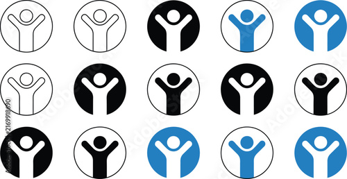 Set of fifteen circular featuring a stylized human figure with arms raised in celebration, in blue, black, and white variations, isolated on a white background