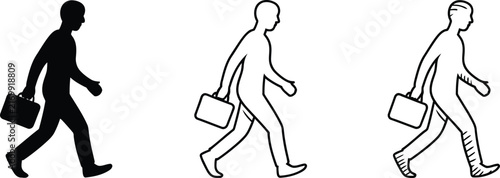 Three variations of a walking businessman with a briefcase, shown in solid black, outlined, and hatched styles, isolated on a clean white background, for easy use