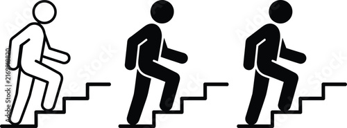 Three black and white silhouette of a person walking up a staircase, showing variations in the human figure for ascending steps, isolated on white background