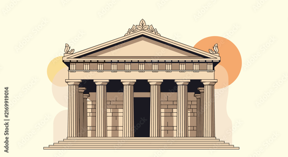 Obraz premium Classical ancient greek temple facade featuring majestic columns and detailed pediment architecture design.