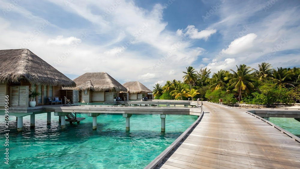 Fototapeta premium Tropical Overwater Bungalows with Palm Trees over Turquoise Ocean Waters