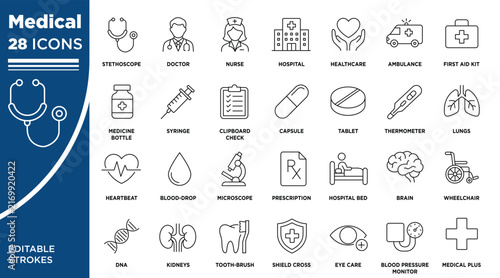 Medical and Healthcare Icon Set. Hospital, Doctor, Medicine and Wellness Thin Line Icons. Editable Stroke Vector Illustrations