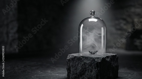 Glass cloche on stone pedestal with swirling smoke in a dark moody studio setting, halloween special smoke in glass