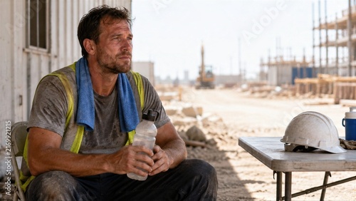 Construction Worker Resting and Hydrating With a Cooling Towel on Site