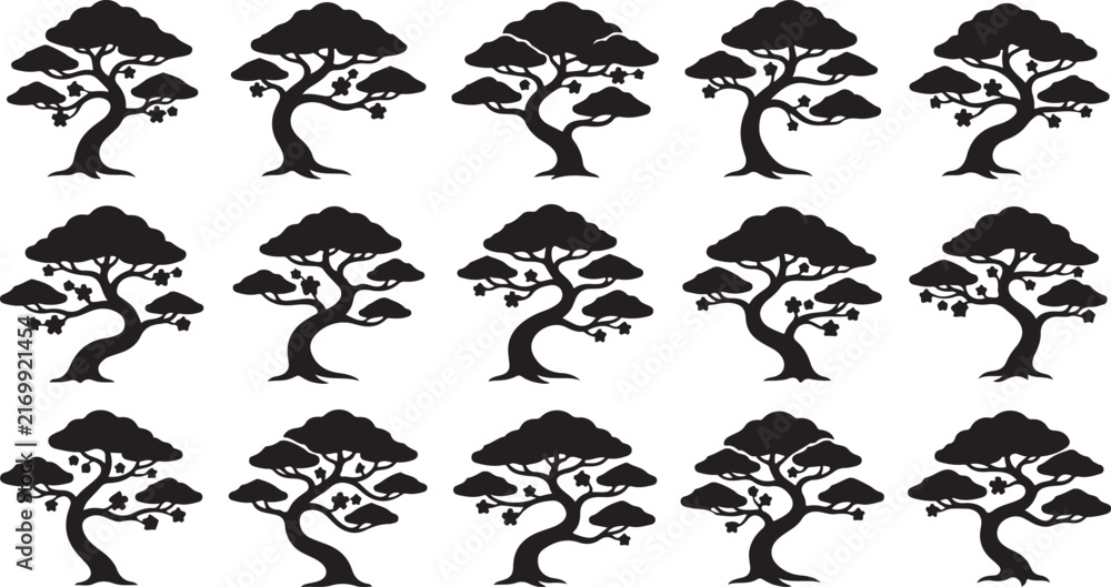 Fototapeta premium Stylized Sakura Cherry Blossom Tree Silhouette Vector Logo Japanese Botanical Design