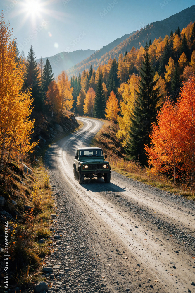 Obraz premium Offroad vehicle climbs dusty gravel road winding through autumn mountain woods. Sunlight shines bright over fall foliage colors creating adventure scene.