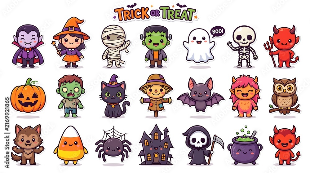 Fototapeta premium Set of cute hand drawn halloween characters and festive icons including monsters ghosts pumpkins and spooky elements for seasonal decoration