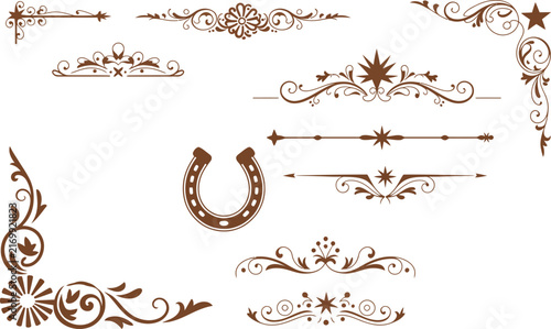 Western Decorative Elements Collection with Cowboy Skull, Horseshoe, Star Ornaments, Vintage Borders and Rustic Vector Design