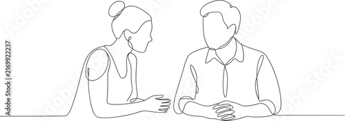 Continuous line drawing of a man and a woman having a conversation
