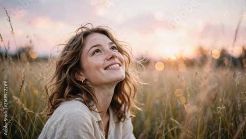 Femme blonde souriante regardant vers le haut dans la nature au coucher du soleil