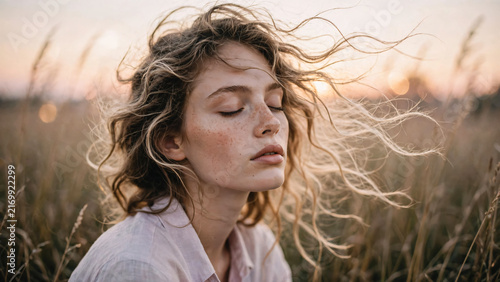 Femme blonde avec les cheveux dans le vent fermant les yeux dans la nature au coucher du soleil