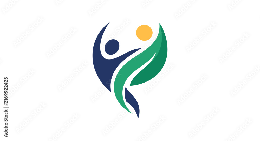 Fototapeta premium minimalist icon showing a human figure transforming into an upward leaf or growth shape, symbolic personal development concept, emerald, navy and warm yellow palette, premium vector logo, flat design,
