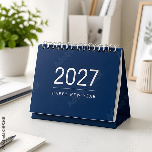 Blue desk calendar for year 2027 with happy new year text standing on a clean office table with a green plant in the background for business planning and holiday season celebration