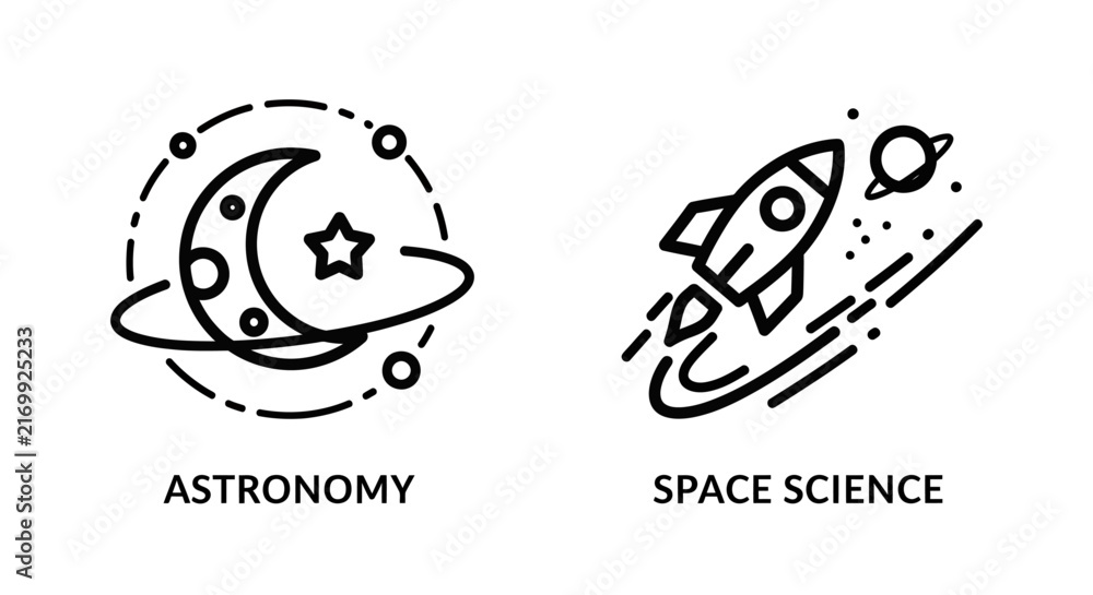 Fototapeta premium Astronomy and space science icons showing moon star and rocket ship in outline