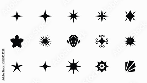 Collection of diverse geometric star and sunburst shapes in black flat vector design with vector illustrations various differing points intricate