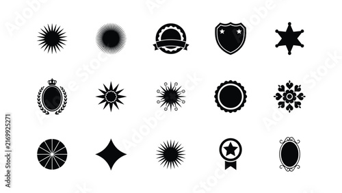 Collection of vintage style starburst and emblem designs in black with decorative emblem shapes bold outlines classic detailing vintage appeal