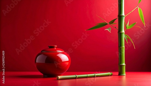 Glossy crimson red Japanese lacquerware surface alongside a fresh green bamboo stalk
