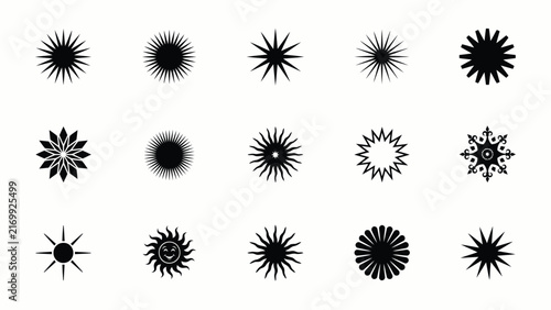 Collection of stylized black geometric sun and starburst designs on white background with starburst shapes arranged rays intricate detailing