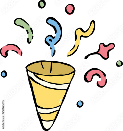 Cute Party Popper Clipart Stock Illustration. Hand Drawn Colorful Confetti and Streamers Bursting From a Striped Cone. Isolated Birthday Celebration Graphic Element Vector Artwork.