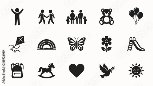 Black and white icons of cheerful family and outdoor activities in playful style with moments joyful outdoor set simple black happy family with activities