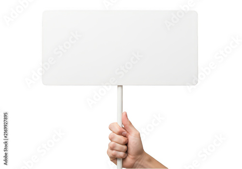 Hand holding a blank sign for messages isolated on transparent background