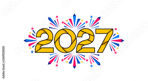Stylized 2027 Year Typographic Design with Vibrant Fireworks Burst.