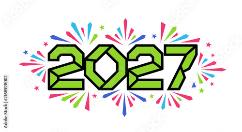 Stylized 3D Green Number 2027 with Colorful Festive Fireworks Illustration.