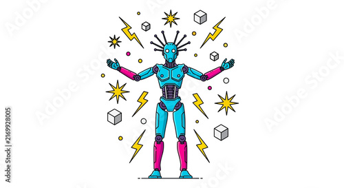 Stylized blue robot illustration with abstract symbols and lightning elements.
