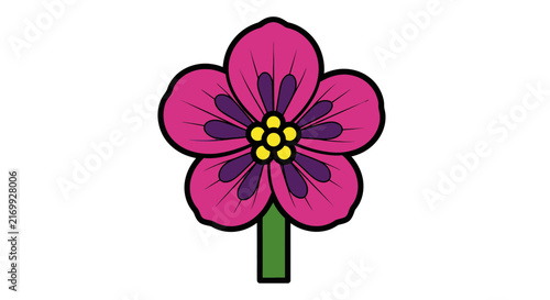 Stylized pink flower illustration with dark purple accents and green stem.