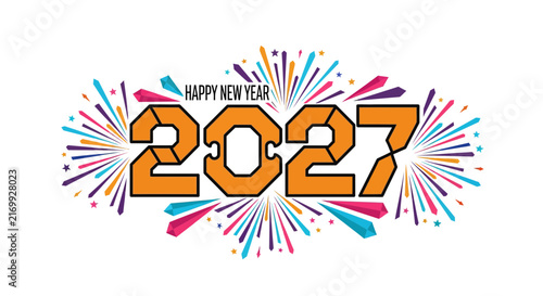 Stylized orange 2027 lettering with colorful festive firework burst decoration.
