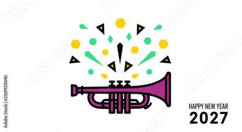 Stylized purple trumpet musical instrument for festive New Year 2027 celebration.