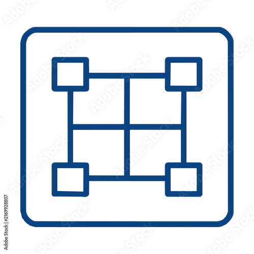 Minimalist linear diagram icon showing a grid of four square nodes connected by lines on a white background, modern technology concept
