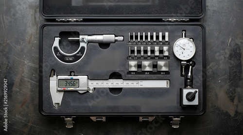 Professional Precision Metrology Measuring Tool Kit with Digital Caliper, Micrometer, Dial Indicator, and Gauge Block Set in a Protective Hard Case for Industrial Engineering Quality Control