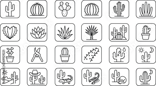 Bild auf Leinwand Cactus succulent desert square icons set saguaro agave pot pruner lizard scorpion skull line art vector illustration