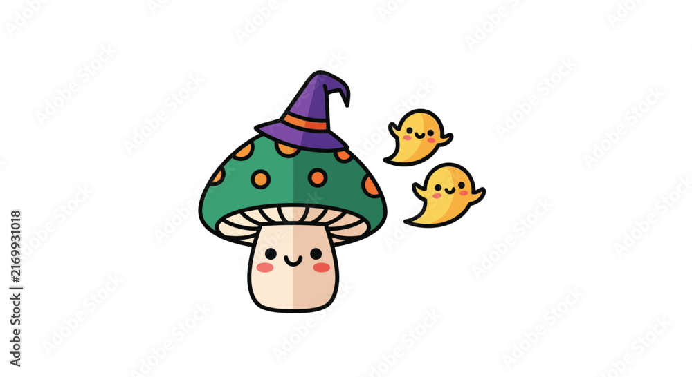 Naklejka premium Cute cartoon mushroom wearing a witch hat with small happy ghosts.
