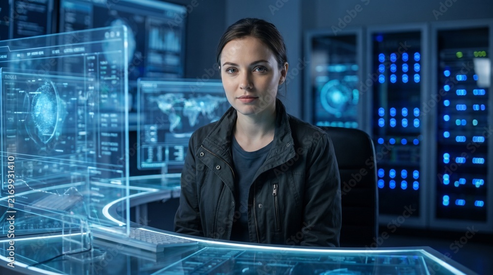Fototapeta premium Focused female software engineer looking at complex holographic data displays inside a dark high tech server room monitoring secure operations
