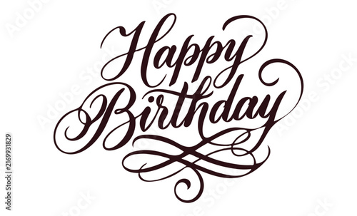 Photography Elegant happy birthday calligraphy lettering with decorative swirls isolated on
