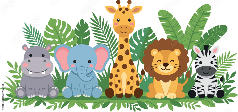 Naklejka premium Cute safari animals cartoon vector illustration banner featuring friendly lion, giraffe, elephant, zebra, hippo, and lush tropical jungle foliage background