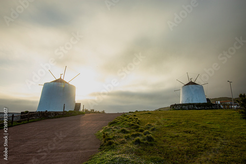 Quadro su tela Corvo, Azores, Portugal Two white windmills stand tall on grassy hillside at dusk