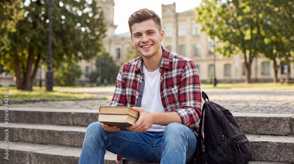 Fototapeta premium Young man sitting on steps outdoors, holding books, wearing casual clothing, with university building and trees in the background